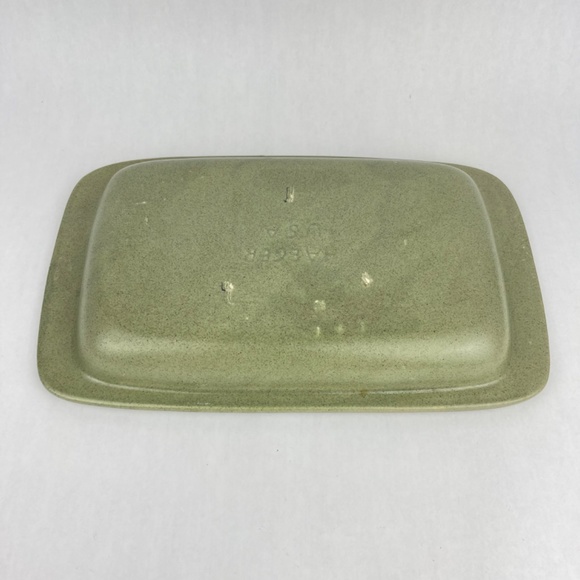 Vintage MCM Haeger 12” Rimmed Rectangle Sage Green Speckled Serving Bowl Platter - Picture 8 of 11
